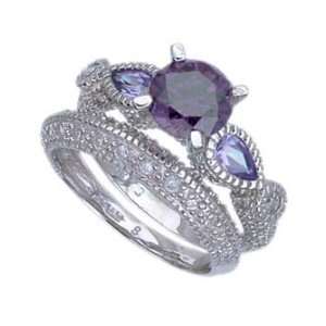 SteSterling Silver Engagement 2 Set Ring with Amethyst CZ   Size: 6 9 