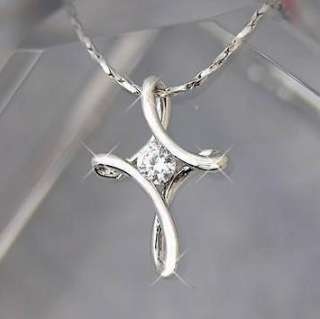 New 18K White Gold GP Use Crystal Lab Diamond Infinity Cross Necklace 