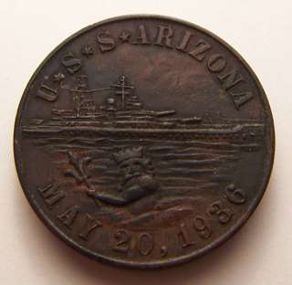 Original USS Arizona BB 39 Equator Crossing Bronze Medal Medallion May 