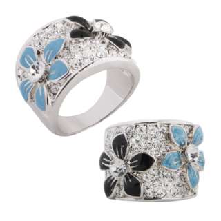 Pave Crystals Band Cocktail Ring w/Color Enamel Flowers  