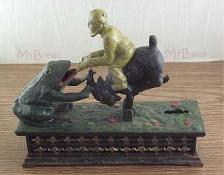 MAN ON GOAT FEEDS FROG COINS CAST IRON MECHANICAL BANK  