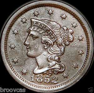 1852 BRILLIANT UNCIRCULATED BRAIDED HAIR LARGE CENT, LIGHT POROSITY ON 