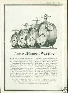 1920 Westclox Alarm Clocks (4 models shown) Vintage Ad  