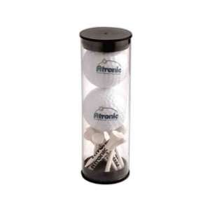   golf balls and nine golf tees conveniently packaged in a clear tube