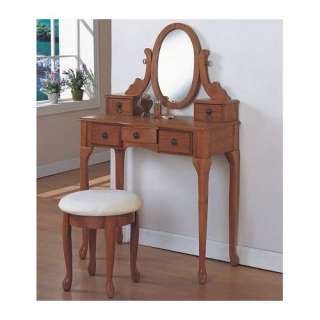   new item 3 pc oak wood finish bedroom vanity set with stool and mirror