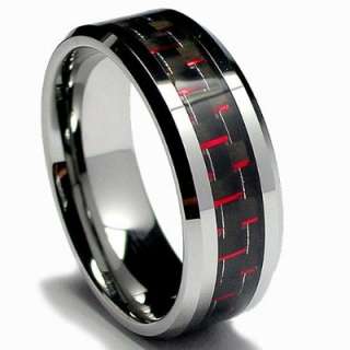 8MM Mens Tungsten Carbide Ring W/ BLACK & RED Carbon Fiber Inlay Size 