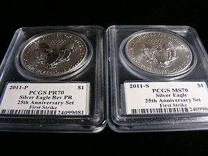 2011 S and 2011 P REV PROOF Silver eagles from 25 th annv set pair of 