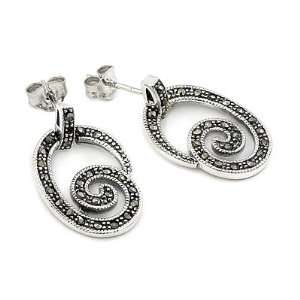    925 Sterling Silver Marcasite Stone Spiral Earrings Jewelry