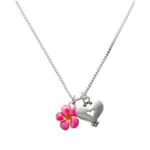  Hot Pink and Orange Flower and Silver Heart Charm Necklace 