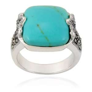  Sterling Silver Marcasite and Synthetic Turquoise Cushion Ring 