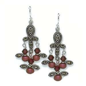   Silver Red Pearl & Red Crystal Marcasite Dangle Earrings Jewelry