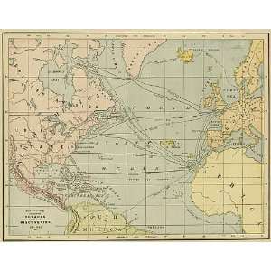   1892 Antique Map of New World Voyages & Discoveries