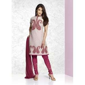  Women White with Dark Pink Desginer Churidar Kameez 