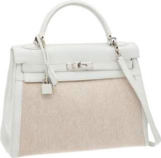 Hermes 32cm White Clemence Leather & Toile Kelly Bag with Palladium 