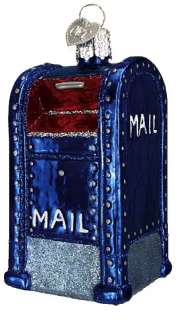 This glass Mail Box ornament has an old world style and glitter 
