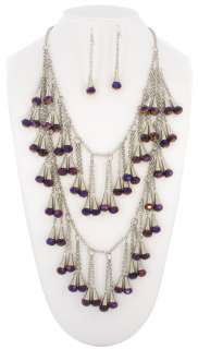 New Statement Purple Jewel Fringe Necklace Earring Set  