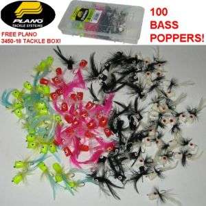 100) Bass Poppers Flies FREE PLANO 3450 18 Tackle Box  