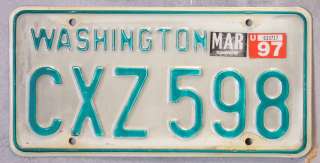 Green and White Embossed Lettered Washington License Plate  