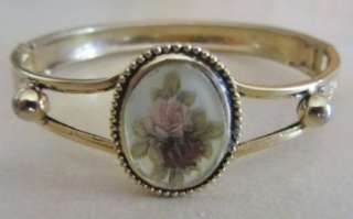 Hinged Bangle Bracelet. Gold Finish, Etched, Cameo Type Color Floral 