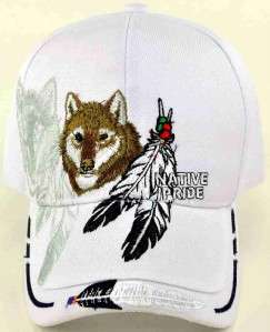 NEW NATIVE PRIDE WOLF FEATHERS CAP HAT WHITE  