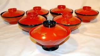 Lacquer Orange, Black and Gold Japanese Rice/Soup Bowls with Lids 