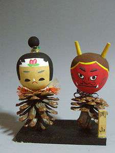 Japanese Fairy Tale MOMOTARO / Vintage Wooden 2 Kokeshi 11cm Dolls w 