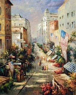 title city scene with flags artist j anderson signature signed lower 
