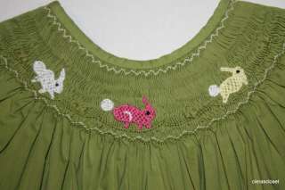 Asia Crafts smocked bishop dress green pink Easter bunny rabbit 4 4T 