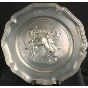  Large Vintage Belgian Pewter Plate Charger Knight Arms 