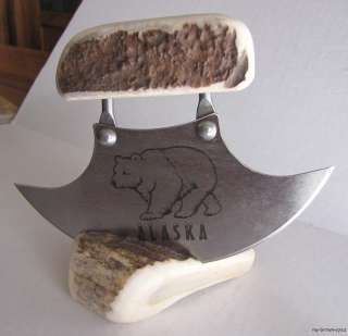 Alaska Alaskan Made Moose Antler Ulu Knife Bear Design  