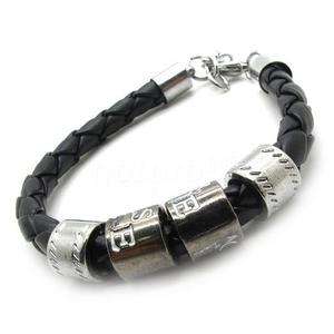 Mens women black ring alloy genuine leather charm Bracelet Bangle 