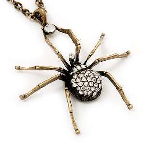 Shimmering Diamante Spider Pendant Necklace In Antique Gold Tone Metal 