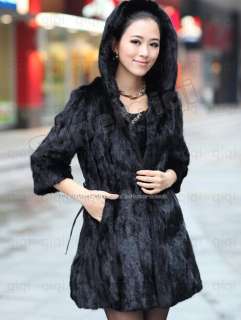 100% Real Genuine Mink Fur Coat Hat Hoody Jacket Outwear Garment Black 