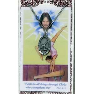 Girls Gymnastics Pewter Medal Prayer Card Set Charm Christian Catholic 