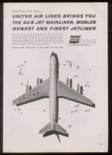 1959 United Airlines DC 8 plane vintage print ad  