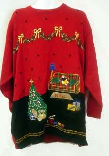 Montgomery Wards Vintage Ugly Christmas Sweater Doll Tree Bear Train 