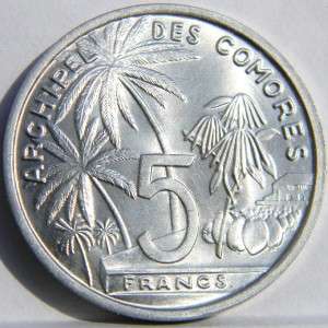 French COMOROS 1964 aluminum 5 Francs, 1 year type; scarce BU  
