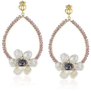    Freshwater Pearl Flower with Pink Quartz Drop Earrings Jewelry