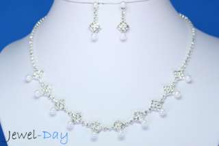 Grand Square Swarovski Crystal with Pearl Wedding Bridal Set Necklace 