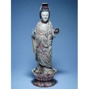  Quan Kwan Yin Buddha on Lotus Carved Bone Statue Sculpture 