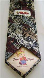 Topo Gigio Mens Necktie Maroon Black Cream 100% Silk  