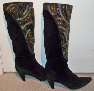 vintage womens 80s J RENEE suede leather beaded boots shoes black Size 