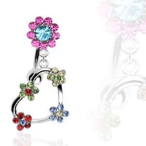 Belly Ring Top Down with White/Rainbow Cubic Zirconia Flower Heart 