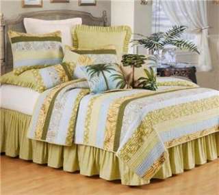 PALM STRIPES 4 piece King Quilt set with 2 shams and bedskirt new