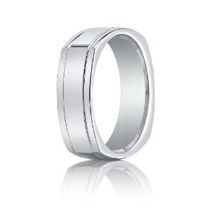 14K White Gold, 7mm Comfort Fit High Polished Four Sided Carved Band 