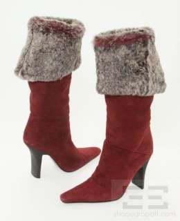 Chanel Brick Red Suede & Sheared Mink Fur Trim Heel Boots Size 38 