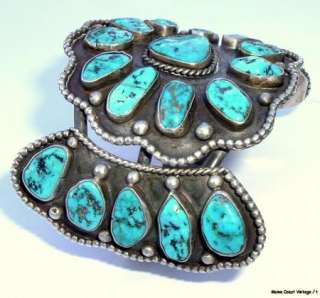 Old Sterling Navajo Turquoise Cluster Bracelet HUGE!  