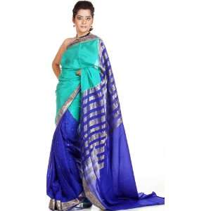 Royal Blue and Jade Green Mysore Silk Sari with Brocaded Border and 