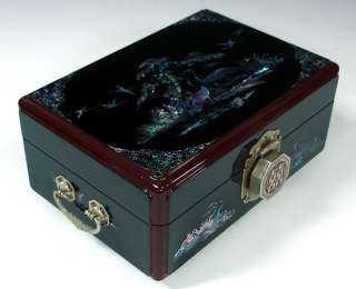 Mother of Pearl Inlay Black Lacquer Wood Deco Wedding Jewelry Chest 