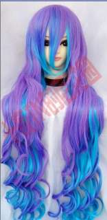 Fashion anime blue purple long curly cosplay can heat full wig  